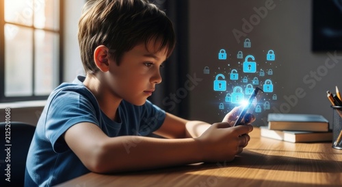 Young boy engrossed in smartphone with digital security icons floating above.