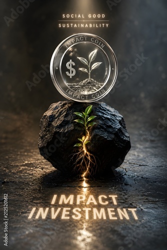 Impact investment concept with sustainable growth coin, green plant, social good, esg finance, ethical investing and environmental sustainability