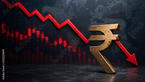 Indian rupee currency symbol with falling stock market graph, financial crisis, economic downturn, investment risk and market volatility concept