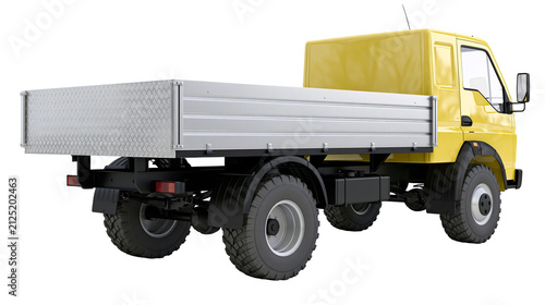 Yellow flatbed truck with silver diamond plate cargo bed, isolated on transparent background