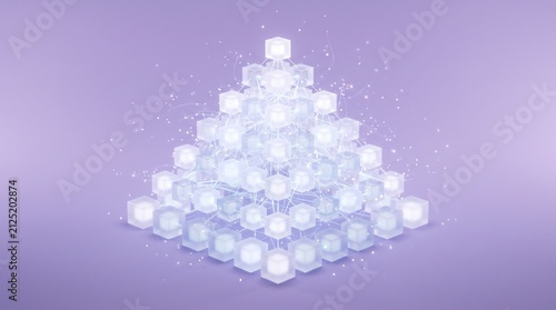 Translucent glass cubes stacked in a pyramid shape are interconnected by glowing light lines against a soft purple background.