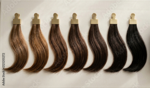 A row of hair extensions displays various shades of brown and black hair. The extensions are attached to golden clips, and they are arranged against a plain white background.