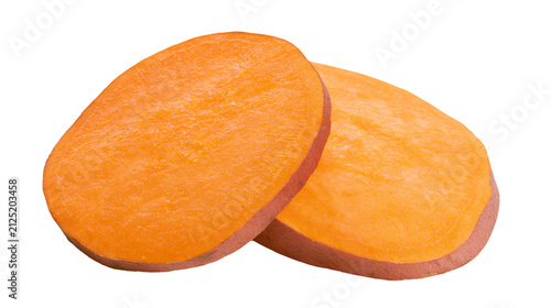Two vibrant orange sweet potato slices raw and fresh, isolated on transparent background
