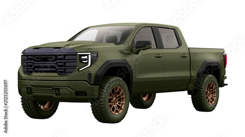 Olive green four-door pickup truck with aggressive grille and off-road tires, isolated on transparent background