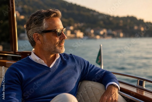 A handsome mature man wearing sunglasses sitting on a luxury boat during sunset while looking out at the scenic coastal landscape