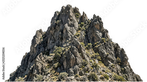 Rocky mountain peak isolated on white. Jagged stone cliff for landscape design.
