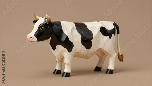 Wooden cow figurine with black and white spots