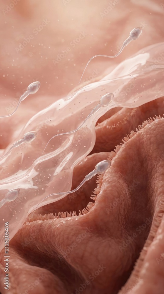 Fototapeta premium Cellular genesis journey: vital reproduction, sperm navigate, internal fertilize, ovum fuse, embryo create, human development, female pathway, journey commence.