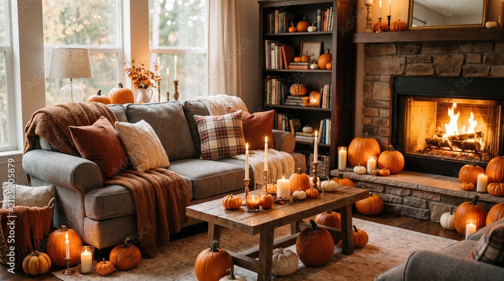 Fototapeta premium Cozy living room decorated for autumn with a burning fireplace, comfortable sofa, wooden coffee table, and numerous pumpkins and candles creating a warm atmosphere