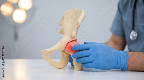 Doctor holding a model of a human hip joint with a highlighted area indicating pain or inflammation in the hip socket