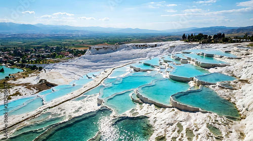 Panoramic View of Turquoise Travertine Terraces in Pamukkale Turkey
