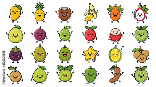 Set of cute cartoon tropical fruit characters with happy faces and funny expressions vector design