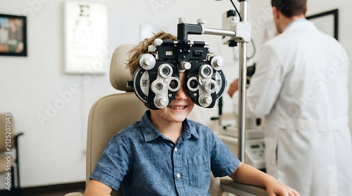 Happy Boy Having Vision Test with Phoropter Equipment at Optometrist Clinic