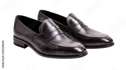 Obraz na płótnie Classic black leather penny loafers, elegant footwear isolated on transparent ba