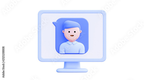 3D cartoon man profile icon with speech bubble on computer screen, isolated on transparent background