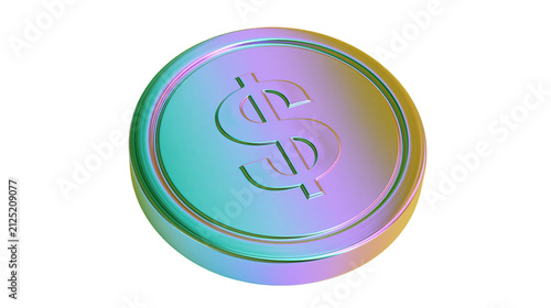 Iridescent metallic coin with dollar symbol, isolated on transparent background