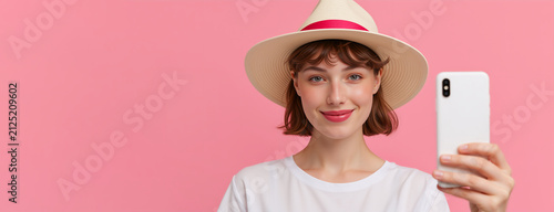 Smiling young woman holding smartphone with blank white screen. Female in straw hat showing mobile phone display on pink background. Mockup template for promotion