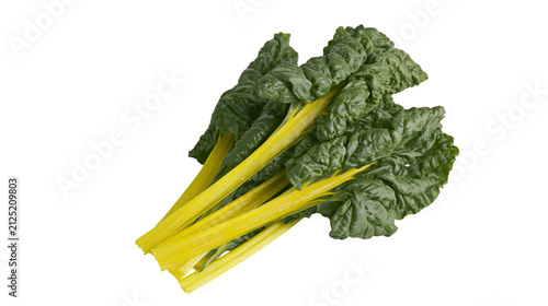 Foto Fresh bunch of vibrant yellow chard stems and dark green crinkled leaves, isolat