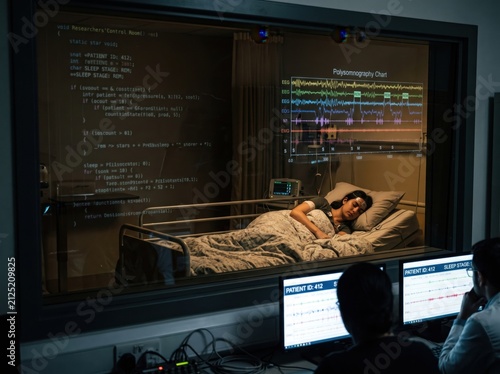 Polysomnography data reflected on glass window during advanced sleep research.