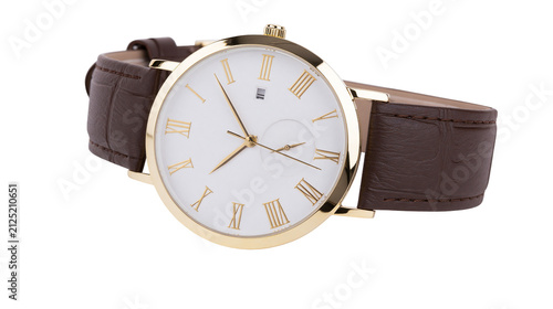 Obraz na płótnie Gold analog wristwatch with white face and Roman numerals brown leather strap, i