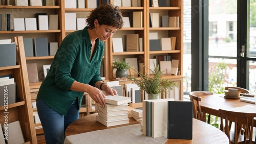 Woman Organizing Blank Notebooks in Modern Bookstore with Natural Light