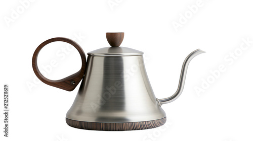 Foto Brushed metal gooseneck kettle with wooden handle and base, isolated on transpar