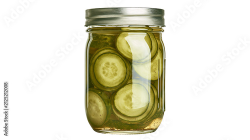 Foto Glass mason jar filled with sliced dill pickles in brine, isolated on transparen