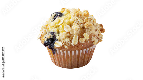 Bild auf Leinwand Golden blueberry muffin with streusel topping and oat flakes, isolated on transp