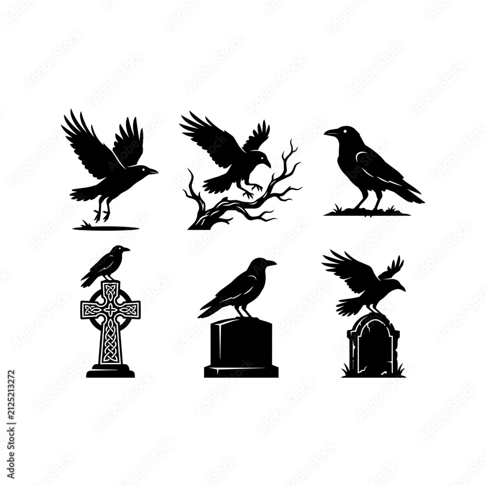Fototapeta premium Set of black raven and crow silhouettes perched on cemetery tombstones and branches