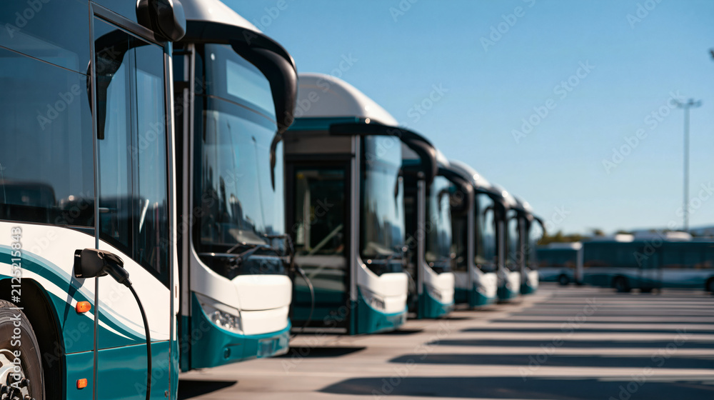 Fototapeta premium Electric Buses Lined Up: A fleet of modern, electric buses stand in a row under a clear blue sky, plugged in and ready for their next journey, representing sustainable urban transportation.