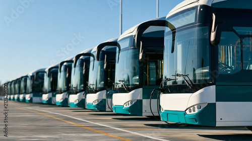 Line of Buses: A fleet of modern passenger buses, distinguished by their sleek white and teal design, are neatly parked in a row under a clear blue sky.