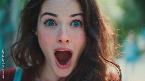 Close up portrait of a young woman with a surprised expression on her face.