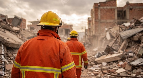 Two emergency responders in orange protective gear walk through the devastating ruins of a collapsed city street after an earthquake or disaster to search for survivors