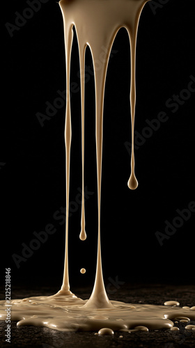 melted white chocolate dripping onto black background, cinematic white chocolate drip splash on dark background, glossy melted white chocolate splash with dramatic lighting