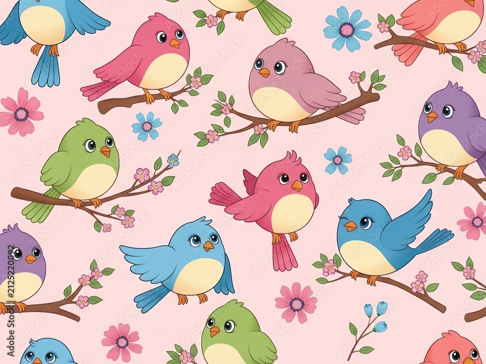 Fototapeta premium Cute cartoon birds in various colors sitting on branches with pink flowers