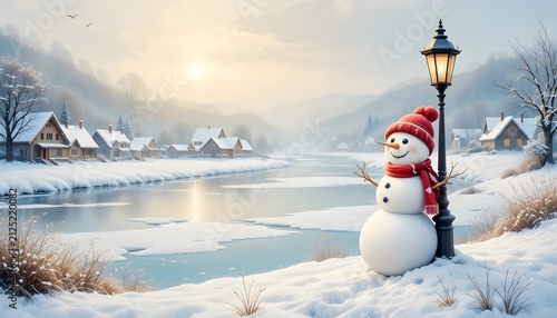 Cute snowman in red hat standing by street lamp near frozen river in winter village