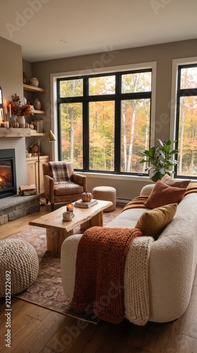 A cozy living room with a stone fireplace and large windows framing an autumnal forest view, adorned with warm, earthy decor and plush furnishings, creating a serene and inviting ambiance.