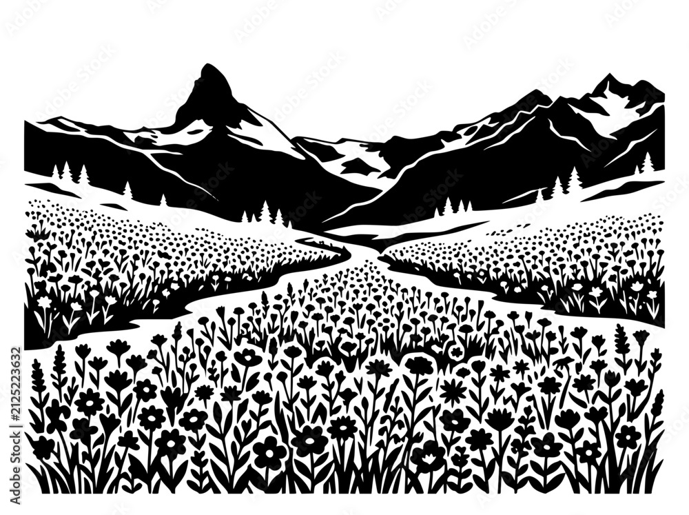 Fototapeta premium Black and white mountain landscape with wildflower meadow stencil illustration