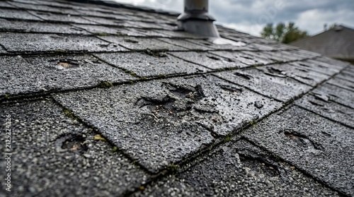 Hail damage to asphalt shingles on a residential roof after a storm