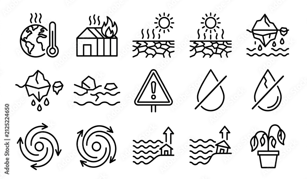 Fototapeta premium Black and white vector icon set of climate change global warming drought melting ice and warning symbols for environmental awareness and educational materials on white background