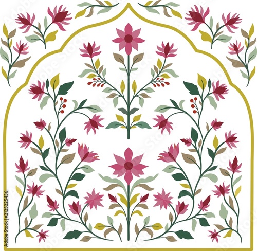 Fotografie Traditional mughal style floral archway illustration with pink flowers, heritage