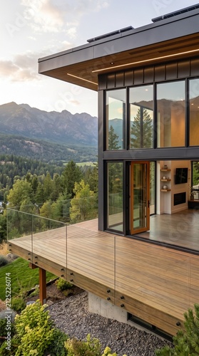 A modern two-story country house in a high-tech or minimalist style, situated in a mountainous, wooded area.