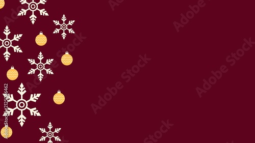 Seamless looping background animation of swaying snowflakes and baubles in side areas with wide maroon burgundy text copy space area. Flat style holiday frame banner backdrop design concept