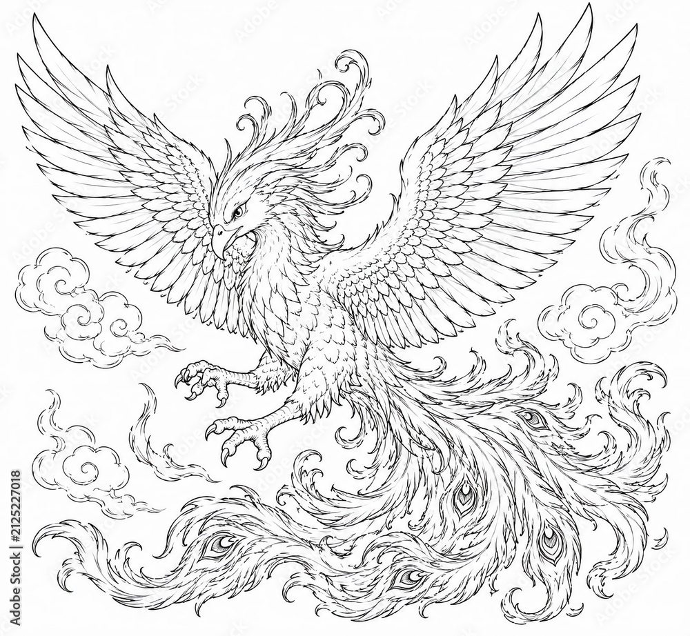 Fototapeta premium Powerful black and white illustration of a majestic eagle with spread wings.