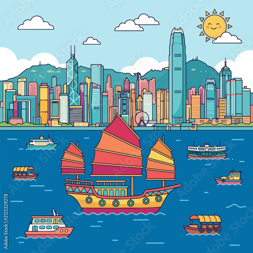 Vector style, flat illustration, a traditional Chinese junk boat sailing across Victoria Harbour with iconic junk sails, cheerful vibrant colors, clean vector shapes
