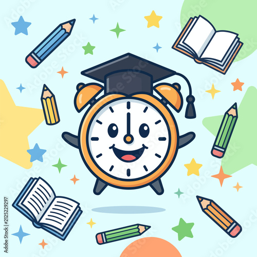 Vector style, flat illustration, a cute alarm clock with a graduation cap on top, surrounded by floating pencils and stars, bright and playful color palette, clean vector lines