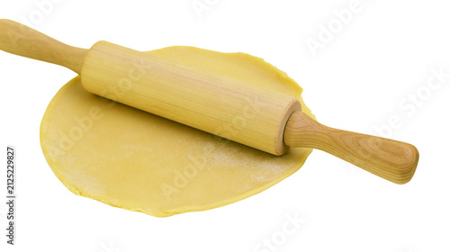 Cuadro en lienzo Wooden rolling pin flattening yellow dough, isolated on transparent background