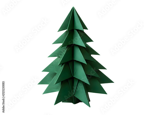 Origami Pine Tree Folded from Deep Green Paper on Transparent Background