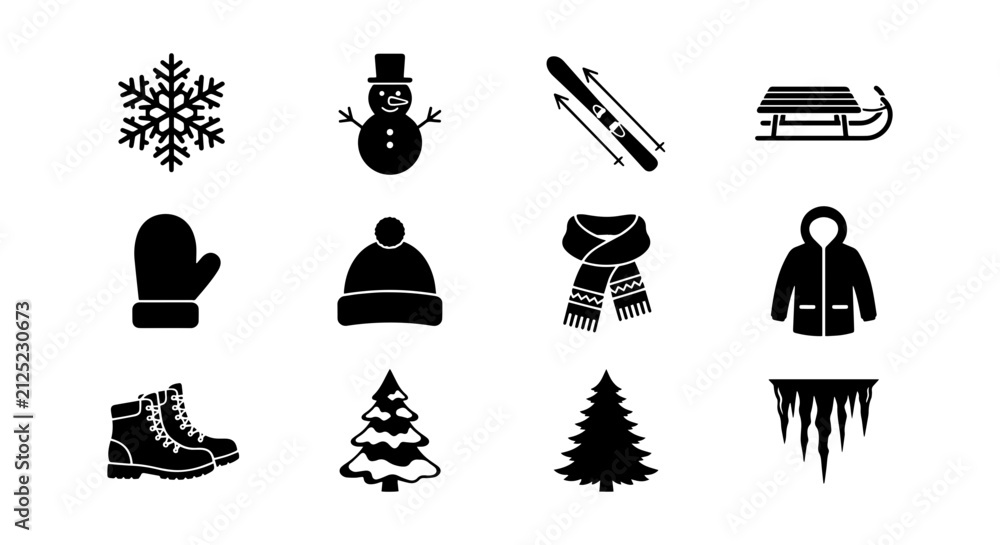 Fototapeta premium Winter Icons Set, Snowman, Snowflake, Skiing, Sled, Warm Clothing, Christmas Tree, Icicles