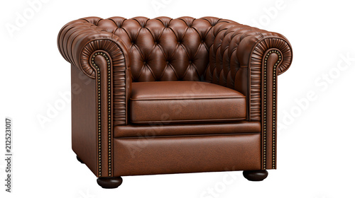 Brown leather chesterfield armchair with button tufting, isolated on transparent background